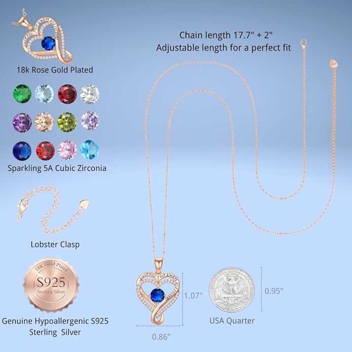 Birthstone Infinity Heart Necklace for Women Wife Girlfriend Mom Daughter Gifts S925 Silver Jewelry For Anniversary Rose Gold Gifts For Birthday Christmas Mothers Valentines Day