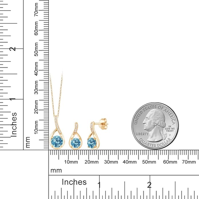 Gem Stone King 18K Yellow Gold Plated Silver Round Gemstone Birthstone and Diamond Pendant Earrings Jewelry Set For Women | Round 6MM and 5MM | With 18 Inch Chain