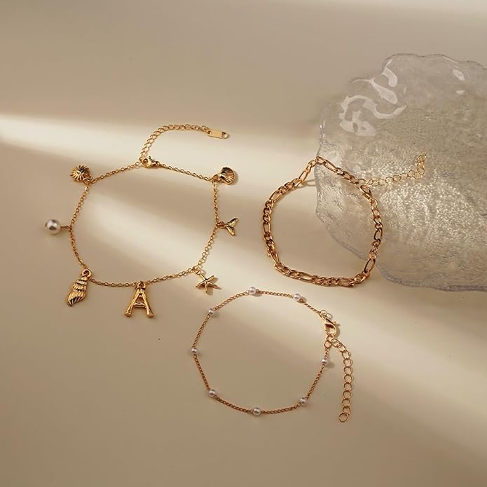 Initial Charm Anklets For Women Shell Letter Anklets Set Gold Charms Pendant Boho Summer Seashell Beach 14k Jewelry for Women Gift