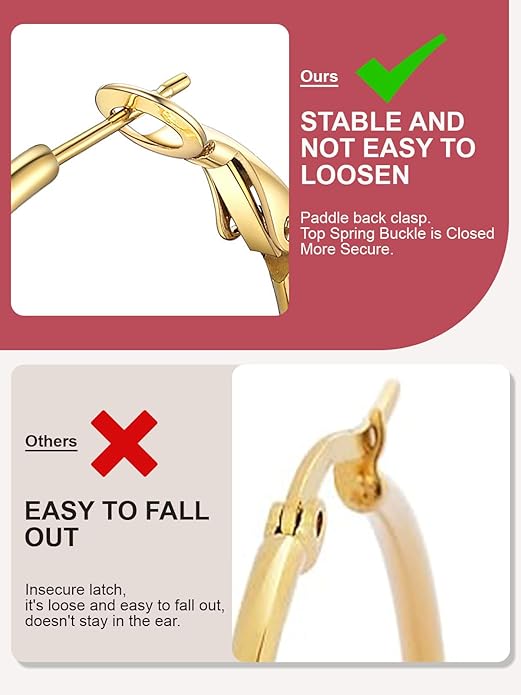 FOCALOOK 14K Gold Plated Lightweight Large Hoops| 2mm Thin Hoop Earrings for Women 30/40/50/70/100mm