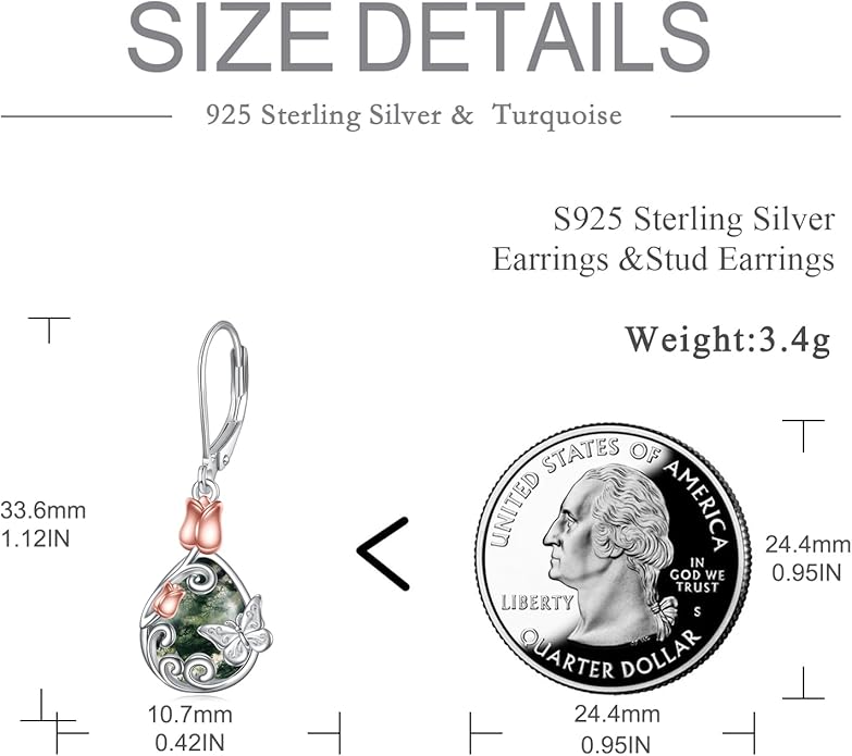 AOBOCO Butterfly/Dragonfly/Bee/Ladybug Leverback Earrings 925 Sterling Silver Rose Lotus Tulip Flower Filigree Dangle Earrings Teardrop Moonstone Larimar Turquoise Abalone Shell Jewelry Birthday Gifts for Women