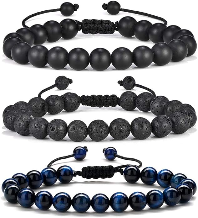 M MOOHAM Natural Stone Bracelets for Men - 8mm Tiger Eye, Matte Agate, Lava Rock - Teen Boys Gifts for Birthday, Anniversary, Christmas