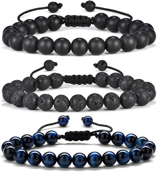 M MOOHAM Natural Stone Bracelets for Men - 8mm Tiger Eye, Matte Agate, Lava Rock - Teen Boys Gifts for Birthday, Anniversary, Christmas