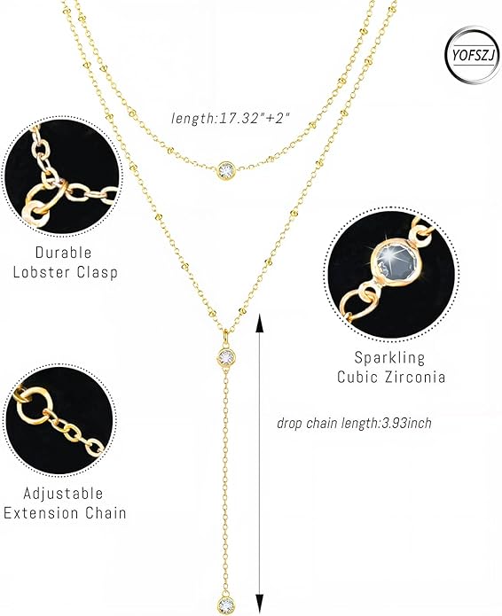 14K Gold Plated Y Necklace for Women – Dainty Lariat Long Pendant Chain, Layered Drop Necklace for V Neck Dress, Simple Sexy Cleavage Jewelry Gifts for Women