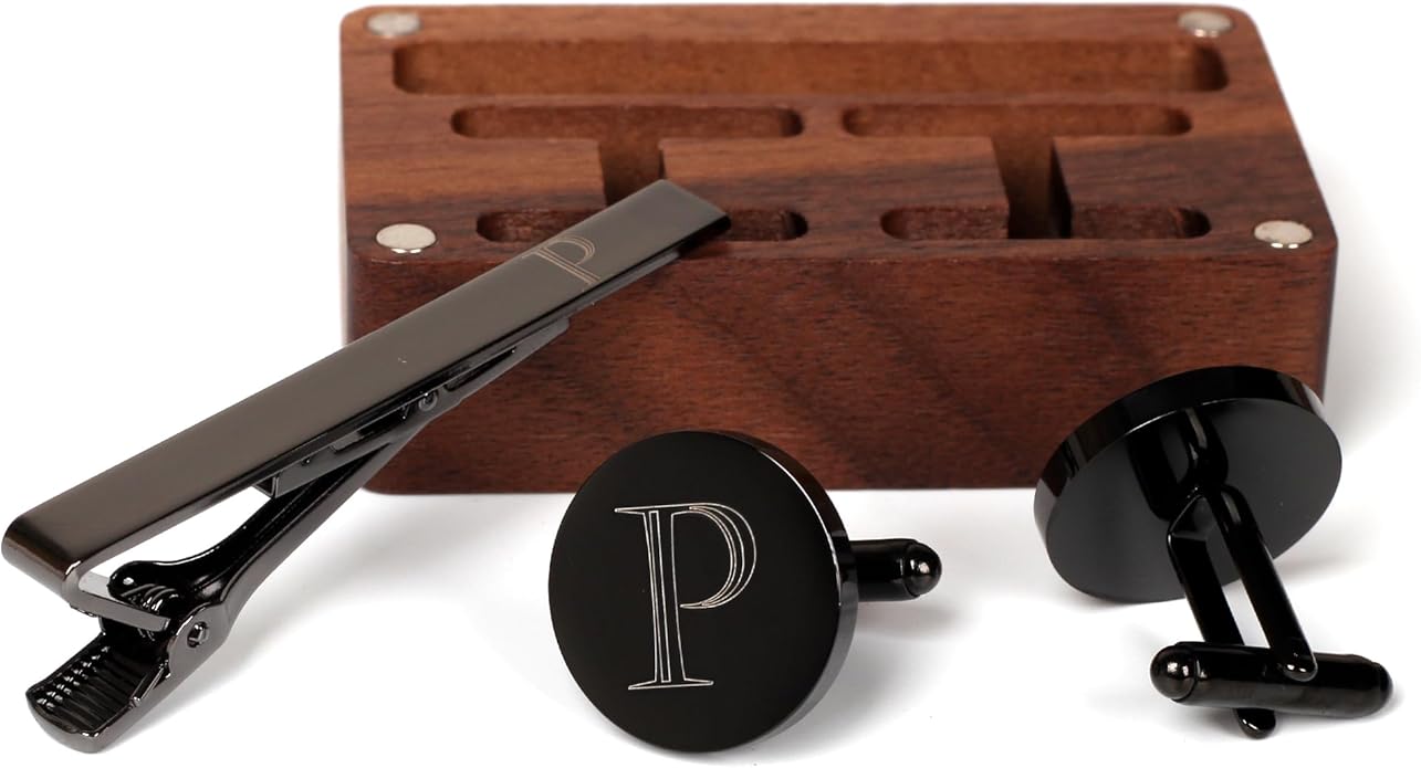 Mens Initial Cufflinks and Tie Clip A-Z Alphabet Letter Black Stainless Cuff Links Tie Bar with Engraved Walnut Wood Box Groom Groomsman Wedding Set