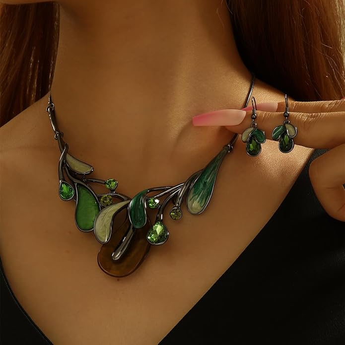 Chunky Statement Jewelry Set Vintage Retro Leaf Flower Floral Geometric Bohemian Boho Bib Necklace Earring Set Fashion Costume Jewelry for Women Girls Wedding Party Prom Unique Gift