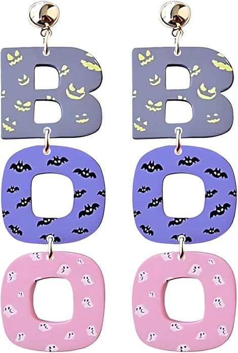 Halloween BOO Ghost Skull Earrings for Women, Gothic Dark Bat Dangle Earrings,Retro Acrylic Cute Lightweight Drop Dangle Earring Jewelry Gifts, Holiday Festive Cosplay Party Decorations Accessories