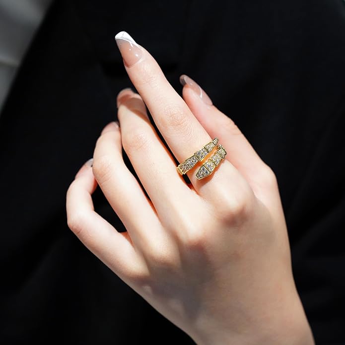 Aura & lrena Adjustable Snake Rings for Wome, 18K Gold or Platinum Plating Open-Ended Ring with AAA Cubic Zirconia Fashion Jewelry, Statement Gift Design Rings for Men and Women Non Tarnish