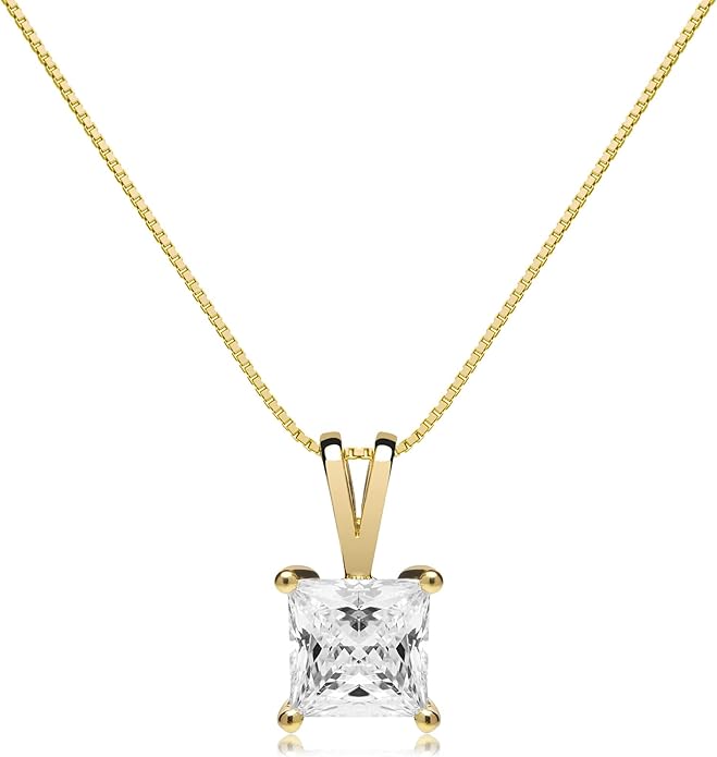 Everyday Elegance Solid 14K Gold Cubic Zirconia Solitaire Pendant Necklace for Women Heart, Princess, Round, Oval, Emerald, Pear & Cushion Cut 1 or 2 CTW | .60mm Thick 16" 18" Length Box Link Chain
