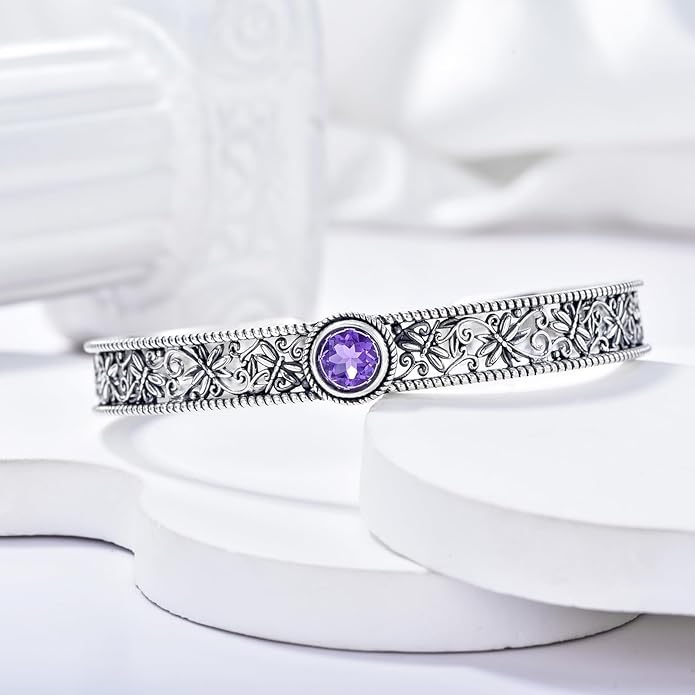 Vintage Dragonfly Filigree Cuff Bracelet, 925 Sterling Silver Adjustable Natural Gemstone Bangle, Boho Insect Jewelry Gift for Women