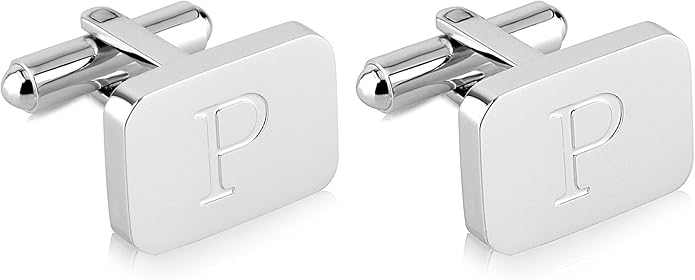 18K White-Gold Plated Initial Engraved Stainless Steel Men’s Cufflinks With Gift Box -Personalized Alphabet Letter’s A-Z By Lux & Pair