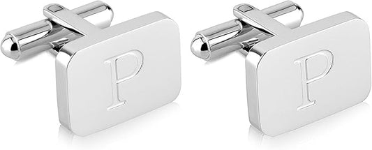 18K White-Gold Plated Initial Engraved Stainless Steel Men’s Cufflinks With Gift Box -Personalized Alphabet Letter’s A-Z By Lux & Pair