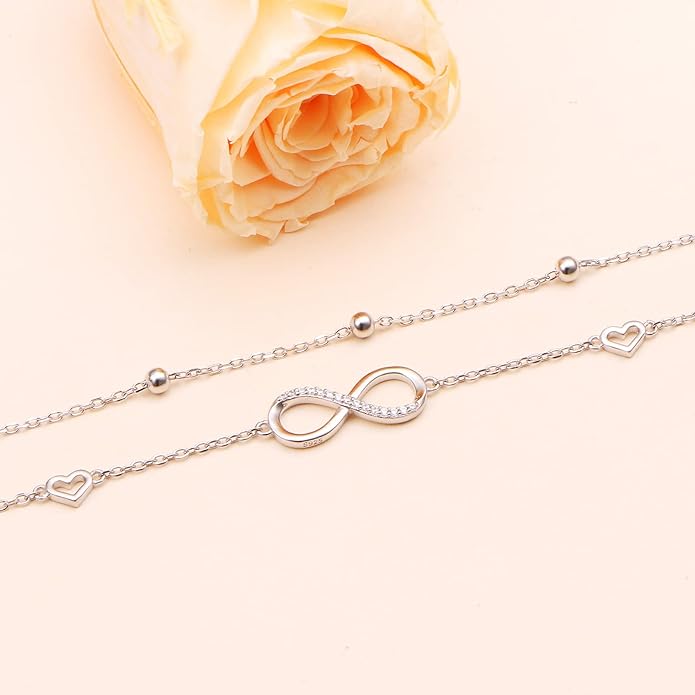 Anklet for Women S925 Sterling Silver Adjustable Foot Evil Eye Starfish Heart Bead Butterfly Celtic Knot Cross Multilayer Layered Ankle Bracelet Jewelry