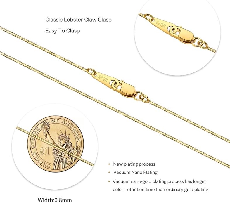 925 Sterling Silver Chain Necklace for Women 0.8mm Box Chain, Italian Necklace Chain, Super Strong & Thin & Long16/18/20/22/24 Inches