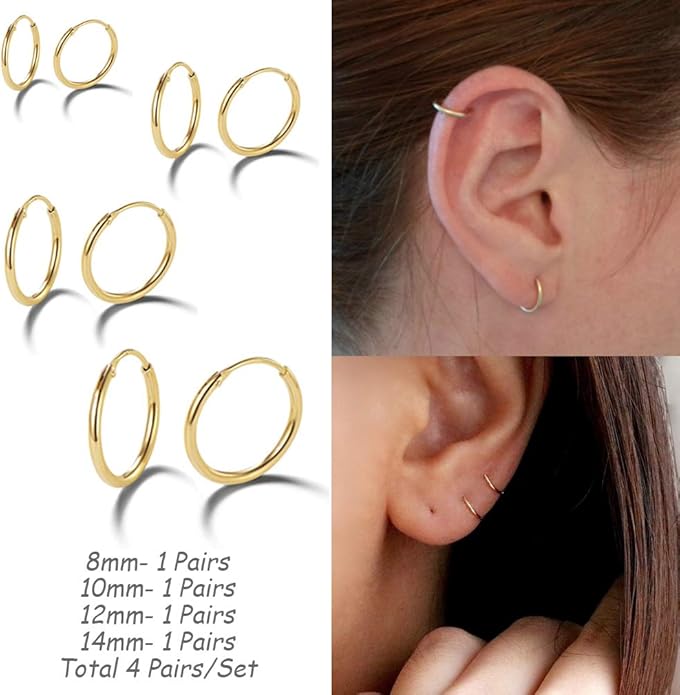 Silver Hoop Earrings- Cartilage Earring Small Hoop Earrings for Women Men,4 Pairs of Hypoallergenic 925 Sterling Silver Tragus Earrings