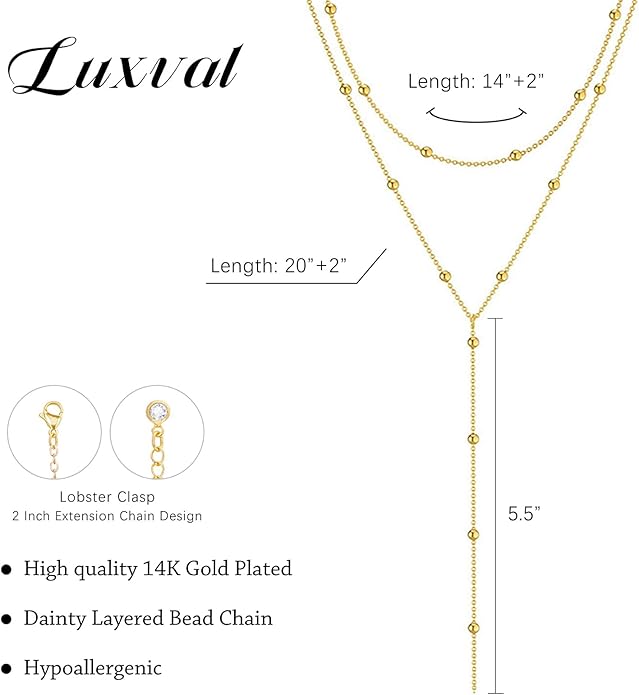 Luxval Lariat Gold Necklace for Women, Dainty Long Necklace 14k Gold Plated/Silver Y-Shaped Pendant Necklaces Trendy Beaded Chain Drop Necklaces Jewelry for Women Gifts