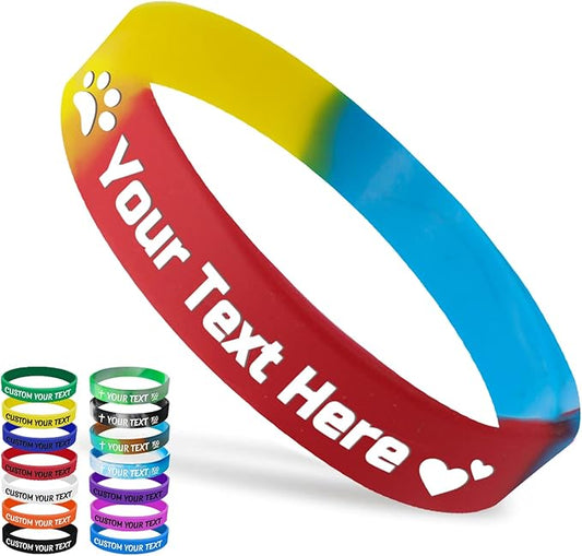 Custom Silicone Wristbands Bulk 1/5/25/50/100/200 PCS Personalized Rubber Bracelets Wristbands for Events,Support, Fundraisers, Motivation, Awareness(Redyellowblue)