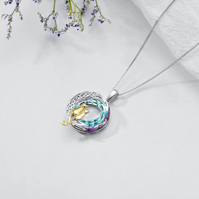 TOUPOP Christmas Cat Gifts for Cats Lovers One Two Three Four Cats Necklace Sterling Silver Cats on the Moon Pendant Necklace with Blue Circle Crystal Birthday Christmas Celtic Jewelry Gifts for Women
