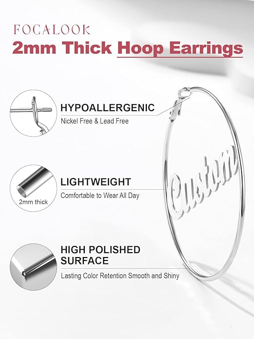 FOCALOOK 14K Gold Plated Lightweight Large Hoops| 2mm Thin Hoop Earrings for Women 30/40/50/70/100mm
