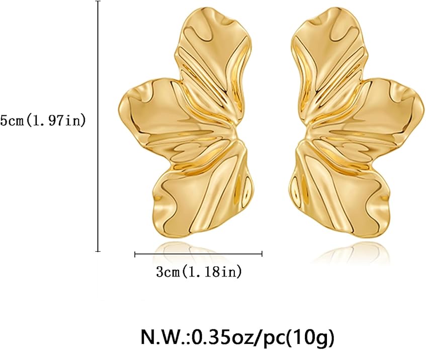 Chunky Gold Statement Earrings For Women Gold Plated Sectored Flower Leaf Shell Angel Wing Earrings Large Stud Earrings Hypoallergenic Earrings