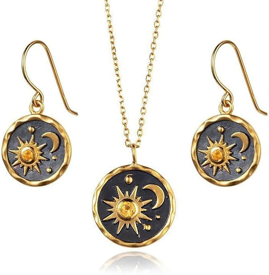 MALOYANVE Vintage Sun and Moon Drop Dangle Earrings for Women Unique lightweight Handmade Retro Boho Antiqued Gold Silver Round Coin Earrings for Women Jewelry
