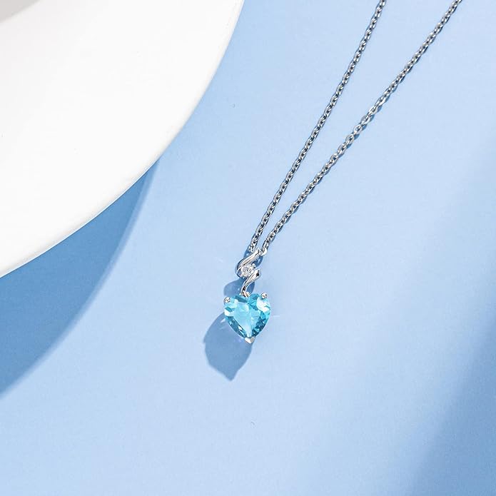 AGVANA 14K Solid White Gold Diamond Gemstone Pendant with Sterling Silver Chain 8mm Heart Birthstone Necklace Fine Jewelry Anniversary Birthday Gifts for Women Mom Wife