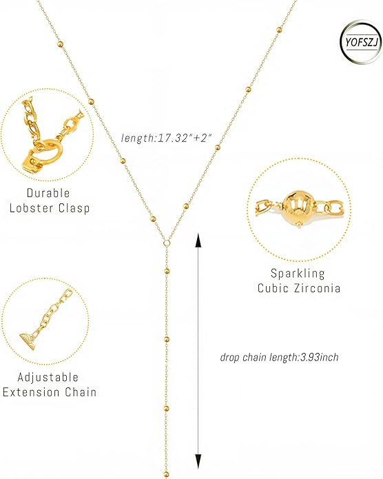 14K Gold Plated Y Necklace for Women – Dainty Lariat Long Pendant Chain, Layered Drop Necklace for V Neck Dress, Simple Sexy Cleavage Jewelry Gifts for Women