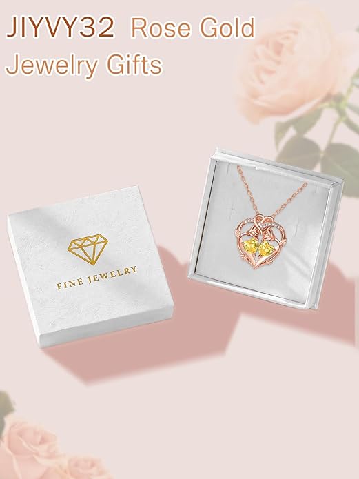 Rose Gold Necklaces for Women Double Birthstone Rose Flower Heart Pendant Necklace Jewelry Anniversary Christmas Valentine's Mother's Day Birthday Gift for Wife Mom Her Girlfriend Sister