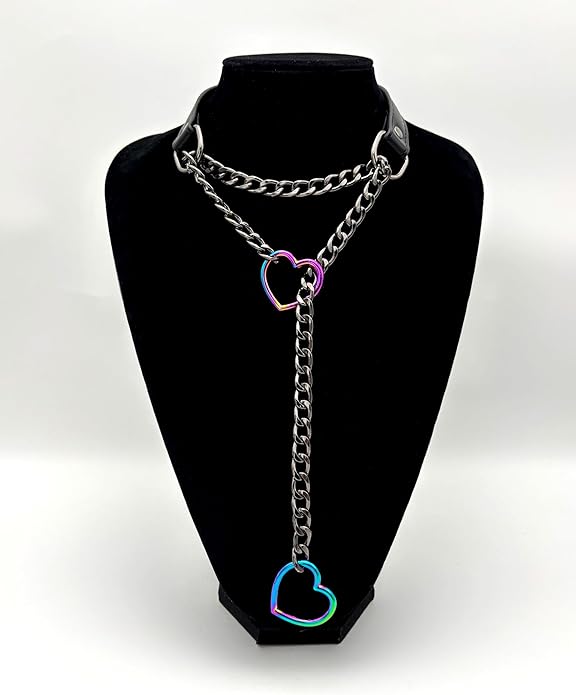 Black Leather Choker Collar For Women, Handmade Heart Slip Chain Choker Long Necklace with Adjustable Buckle