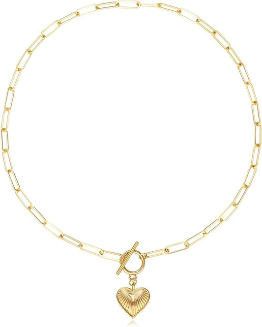 Chunky Gold Necklace for Women, 18K Waterproof Heart Necklace Statement Necklace Gold Charm Necklace Chunky Jewelry Paperclip Chain Choker Gift for Women