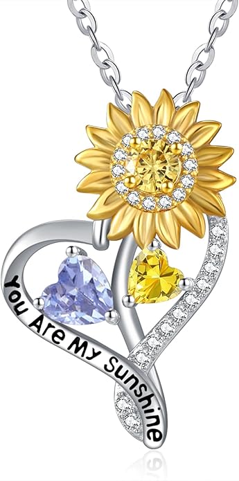 Zeuslia Double Birthstone Necklace Gifts for Wife - 925 Sterling Silver Sunflower/Rose/Crown Cross/Compass/Heart Pendant I Love You Necklace, Anniversary Birthday Gifts for Wife Girlfriend Mom Her