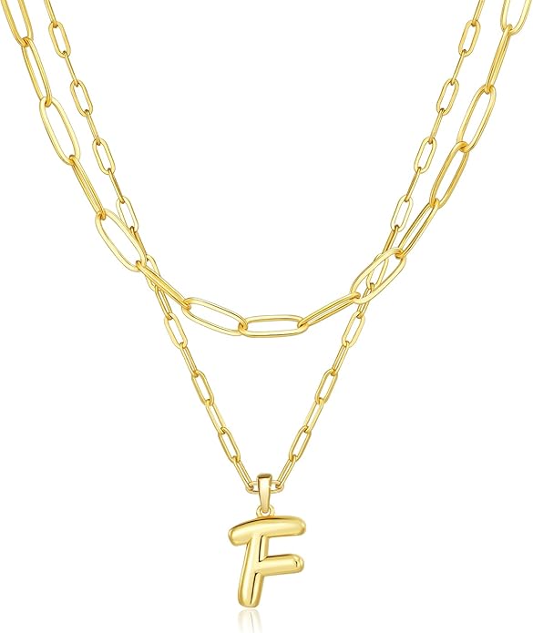adoyi Gold Necklace for Women Layered Bubble Heart Letter Initial Necklaces for Women Trendy Jewelry 14K Gold Plated Chain Chunky Name Necklace Stack Charm A-Z Pendant Set Jewelry Gifts