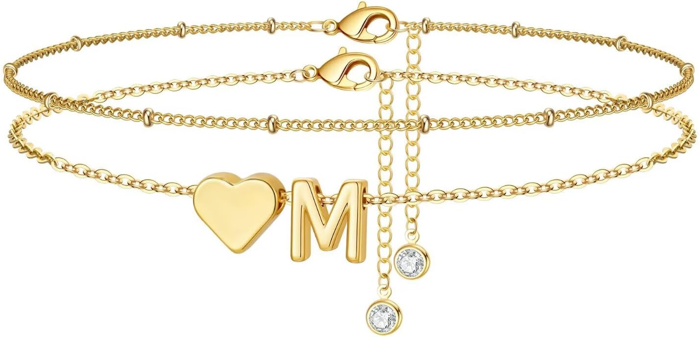 M MOOHAM Gold Initial Ankle Bracelets for Women - Layered Heart Letter A-Z Initial Dainty Gold Anklets for Women Waterproof, Womens Anklets Jewelry Birthday Gifts Jewelry