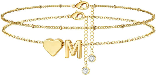 M MOOHAM Gold Initial Ankle Bracelets for Women - Layered Heart Letter A-Z Initial Dainty Gold Anklets for Women Waterproof, Womens Anklets Jewelry Birthday Gifts Jewelry