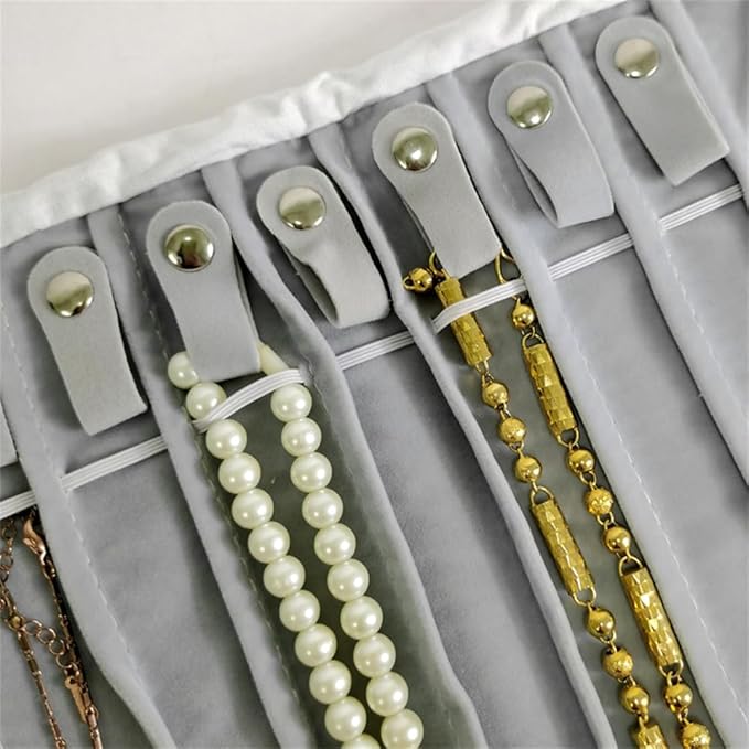 SCIKHEFT Portable Jewelry Roll Untangled Secure Necklace Travel Storage Bag Displays Holder 16 Chain (Gray PU and Gray Velvet)