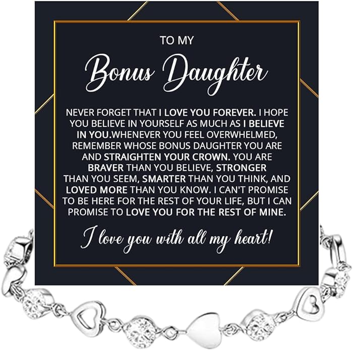 To My Bonus Daughter Heart Bracelet Gift, Beautiful Bonus Daughter Jewelry From Step Mom Dad With Message Card and Box Meaning, Christmas Graduation Birthday Gifts, To My Stepdaughter Bracelet