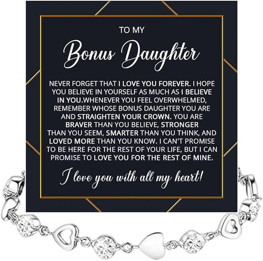 To My Bonus Daughter Heart Bracelet Gift, Beautiful Bonus Daughter Jewelry From Step Mom Dad With Message Card and Box Meaning, Christmas Graduation Birthday Gifts, To My Stepdaughter Bracelet