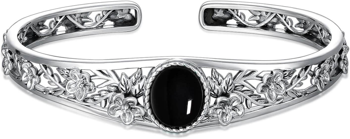 Genuine Turquoise Vintage Flower Bracelet Bangle, Sterling Silver Boho Adjustable Bangle Cuff Native American Jewelry for Women, Fit for 6.5 7 7.5 Inches