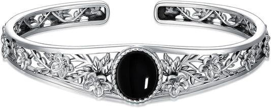 Genuine Turquoise Vintage Flower Bracelet Bangle, Sterling Silver Boho Adjustable Bangle Cuff Native American Jewelry for Women, Fit for 6.5 7 7.5 Inches