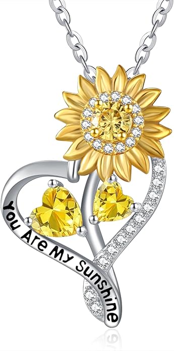 Zeuslia Double Birthstone Necklace Gifts for Wife - 925 Sterling Silver Sunflower/Rose/Crown Cross/Compass/Heart Pendant I Love You Necklace, Anniversary Birthday Gifts for Wife Girlfriend Mom Her