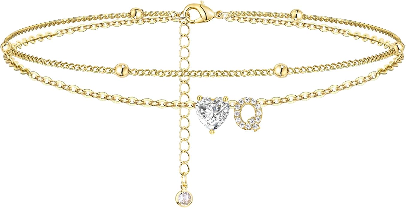 Ankle Bracelets for Women Waterproof 14K Gold Plated CZ Initial Anklet for Women Dainty Layered Letter Heart Ankle Bracelets Handmade Adjustable Foot Chain Anklet Summer Beach Jewelry