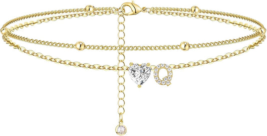 Ankle Bracelets for Women Waterproof 14K Gold Plated CZ Initial Anklet for Women Dainty Layered Letter Heart Ankle Bracelets Handmade Adjustable Foot Chain Anklet Summer Beach Jewelry