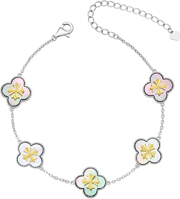 Fydesta 18K Gold Plated Clover Bracelet, Mother of Pearl Four Leaf Flower Bracelet for Women, 6.9" + 2" Adjustable Bracelet, Cross Motif, Gold or Silver Tone