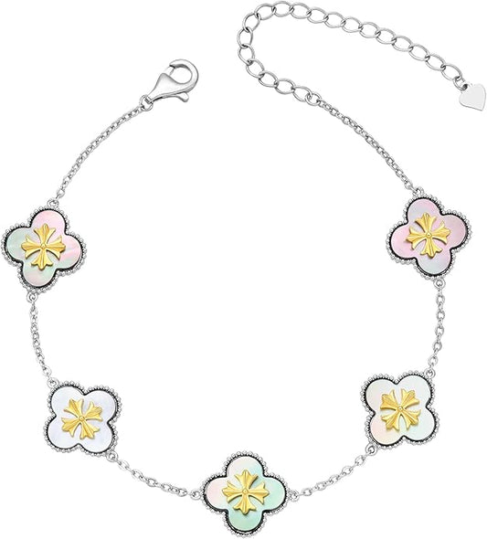 Fydesta 18K Gold Plated Clover Bracelet, Mother of Pearl Four Leaf Flower Bracelet for Women, 6.9" + 2" Adjustable Bracelet, Cross Motif, Gold or Silver Tone
