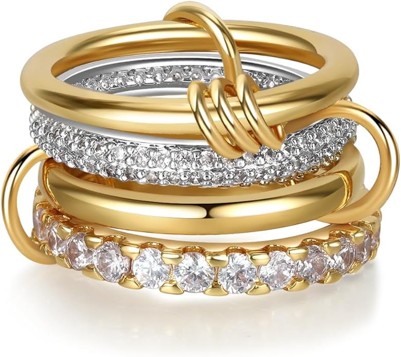Gold Stackable Rings for Women Non Tarnish, 18K Gold Plated CZ Cubic Zirconia Rings, Golden Rings Set, Multi-Link Connected Rings