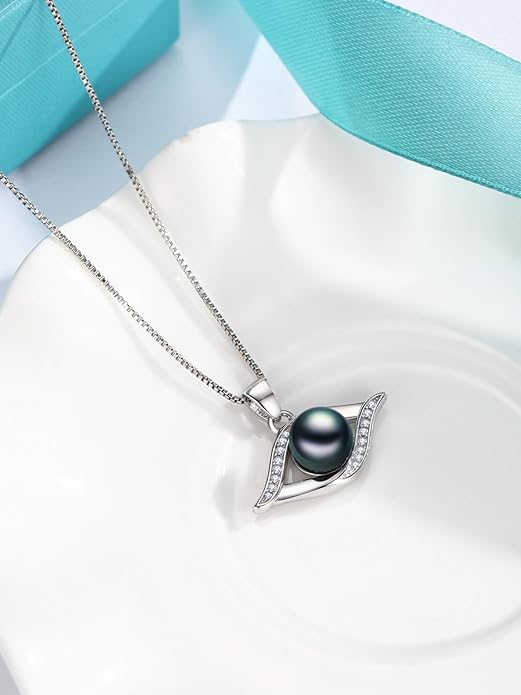 KANNSOAR Tahitian Black Pearl Pendant Necklace AAAA 18K White Gold Plated 925 Sterling Silver Black Pearl Jewelry Gift for Women Mother Wife Her for Anniversary Christmas Birthday
