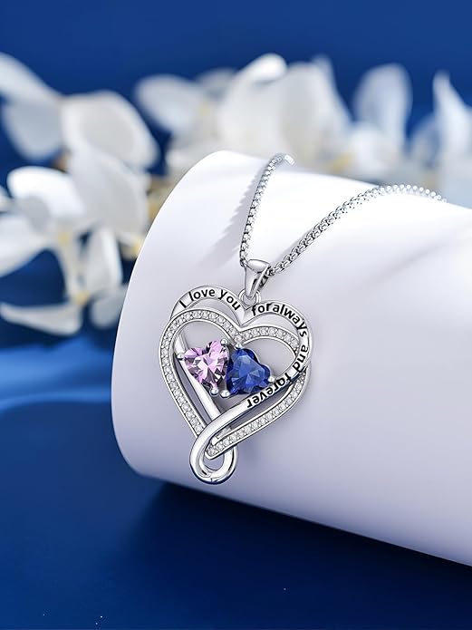 I Love You for Awlays and Forever Double Heart Necklace with Birthstone, 2 Birth Stone Jewelry Anniversary Valentines Mothers Day Christmas Birthday Gifts for Women Her Wife Girlfriend Mom Mother