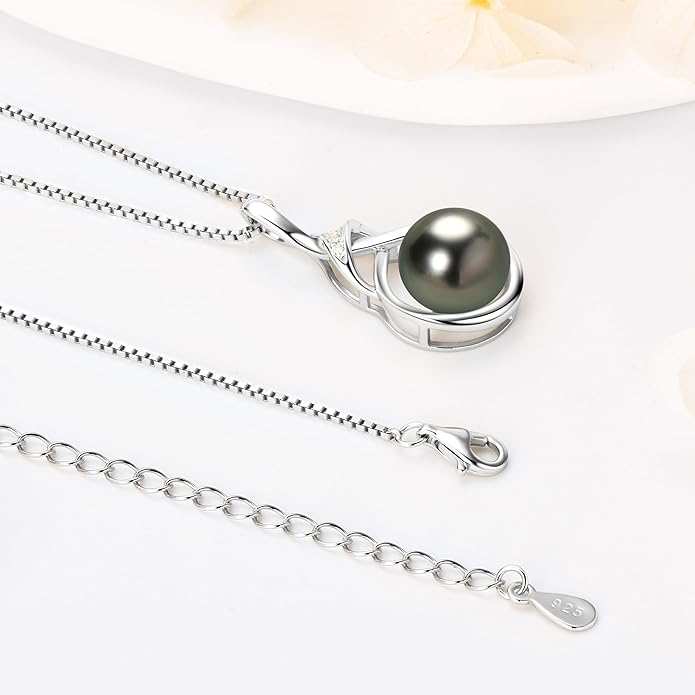 Tahitian Black Pearl Necklaces for Women, Sterling Silver Single Pearl Pendant Necklace Birthday Anniversary Jewelry Gifts for Wife Mom