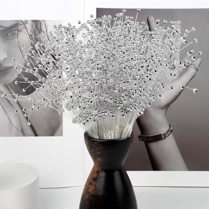 100 Pieces String Pearls Sticks, BetterJonny 3mm Beads String Creative Pearl Flower Stem Bead Sticks Pearl Beaded Stems DIY Floral Bead Strands for Party Decoration (Silver)