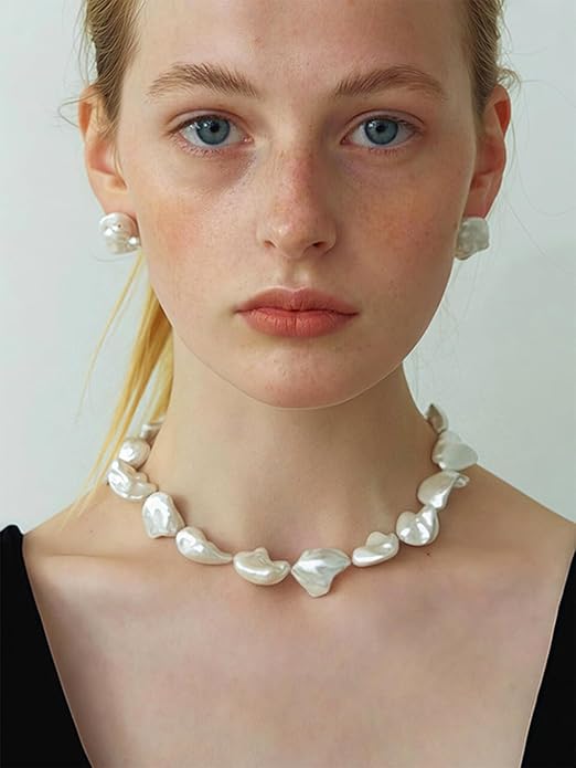 Chunky Statement Stone Beaded Necklace, Big Baroque Pearl Gold Choker, Trendy Boho Colorful Stone Jewelry